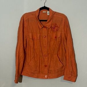 Linden Hill Tangerine Orange Linen Jacket w/ Flower Pin Woman's Size XL